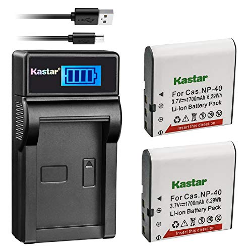 Kastar Battery (X2) & LCD USB Charger for Casio NP-40 and Exilim Z400 FC100 FC150 FC160S P505 P600 P700 Z100 Z1000 Z1050 Z1080 Z1200 Z200 Z30 Z300 Z40 Z450 Z50 Z500 Z55 Z57 PRO EX-Z600 Z700 Z750 Z850