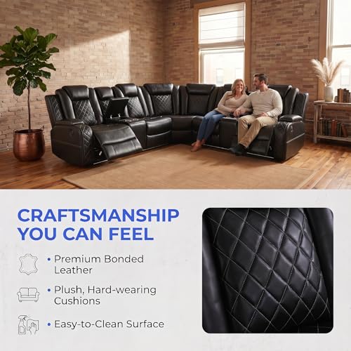 Image of Power Reclining Sectional Sofa for Living Room,Modern L-Shaped Air Leather Sectional Couch Set,Recliner Sofa Set,with LED Lights,Cup Holder,Storage,Charging Ports,Home (Sectional+C)