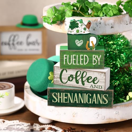 Image of Moucuny 4 Pcs St Patricks Day Table Decoration Wooden Green Ice Cream Cup St. Patrick's Day Tiered Tray Decor Irish Centerpiece Green and White Happy St Patricks Coffee Bar Decor for Home Kitchen