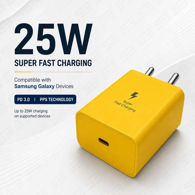 Image of 25W Type C Charger Adapter for Galaxy A35 /M35 /M15 /F15 /A15 /A14 /M14 /M34 /F34 /S24 /S23 Fe /S21 fe 5G /Z fold /flip /6 /5 /4 /3, Super Fast USB C for Tab S9 Ultra /S9 fe /A9 Plus /S8 /A7 /A8 -oo Yellow
