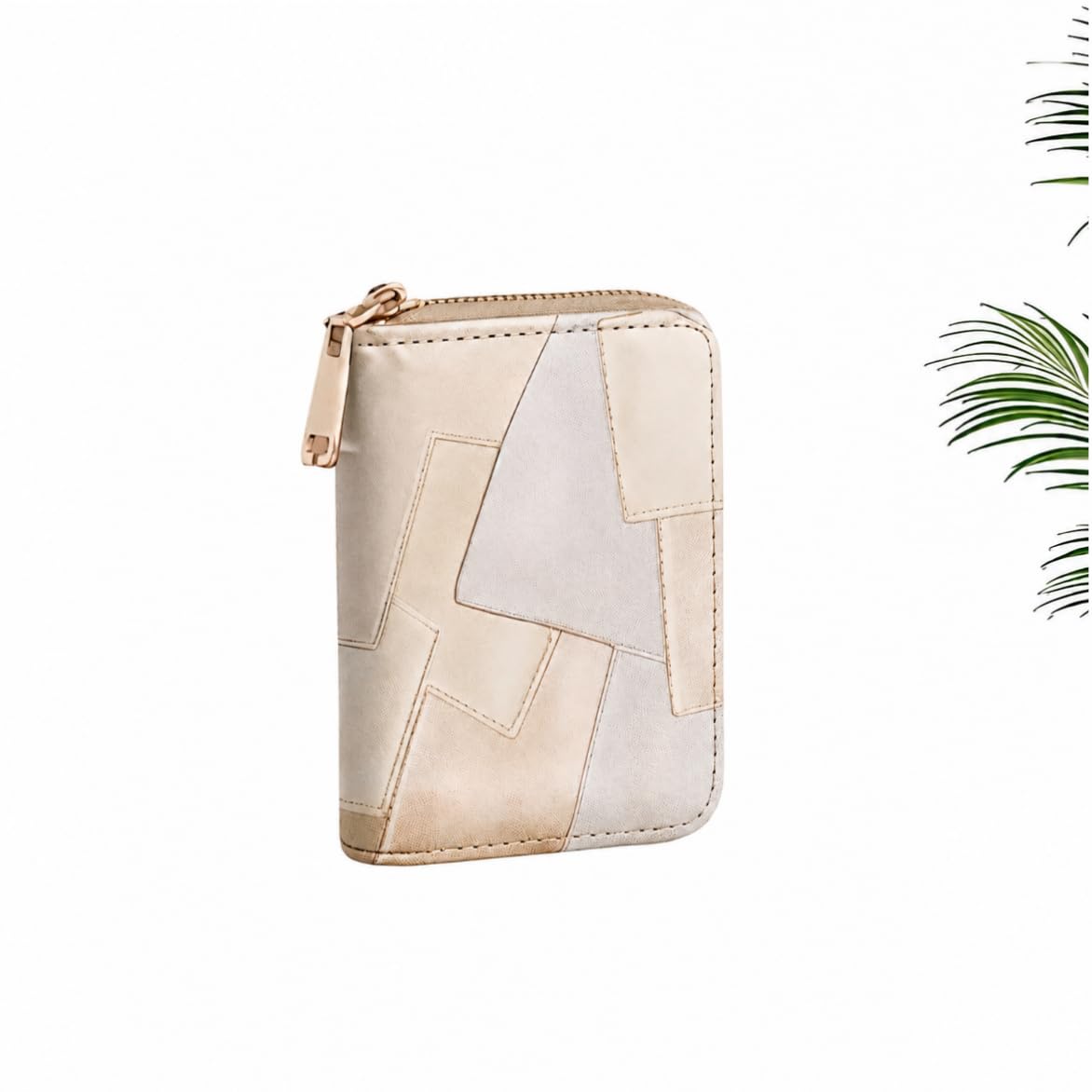 Women's Compact Zip-Around Wallet, Cream White Geometric Patchwork, Gold-Tone Metallic Zip-image-21