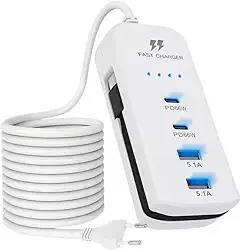 Carregador USB USB-C PD (Power Delivery) de Parede, Tomada Carregador, Hub, com 4 Portas, 2 Portas USB-C PD 66W, 2 Portas USB 5.1A