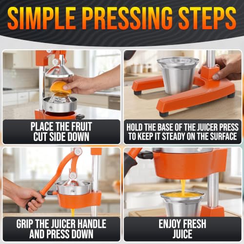 Image of Cast Iron Juicer Hand Press, Heavy-Duty Squeezer (Orange) | Lever Manual Citrus Press Juicer & Orange Squeezer for Lemon, Lime & Lemonade; Steel Cone & Strainer; for Home or Bar