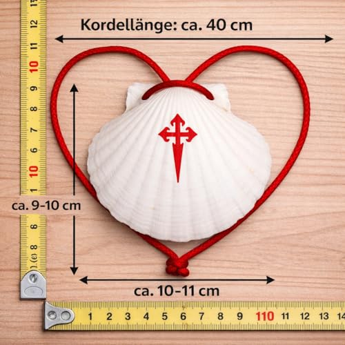 Pilgermuschel für den Jakobsweg – handgefertigt in Galizien, Spanien, echte Jakobsmuschel mit roter Kordel und rotem Kreuzaufdruck, ca. 10–11 cm, für Rucksack, Wanderstock oder als Pilgergeschenk