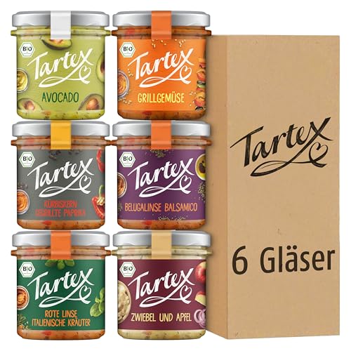 Tartex Bio Brotaufstriche Herzhaft | Veganer Aufstrich | Kennenlernbox Mediterran | 6 Gläser im Vorteilspack | lecker auf Brot oder als Dip | 820g