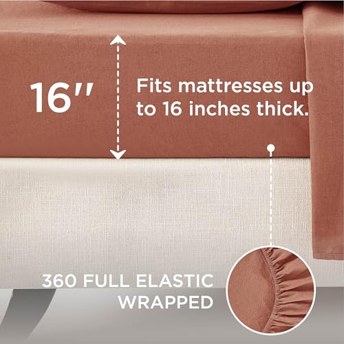 Bedsure Linen Sheets - Queen Size Bed, Blend from Linen Cotton Bedsheets, Breathable Cotton Bedsheets, Gifts for All Seasons, 4 Pieces, Terracotta