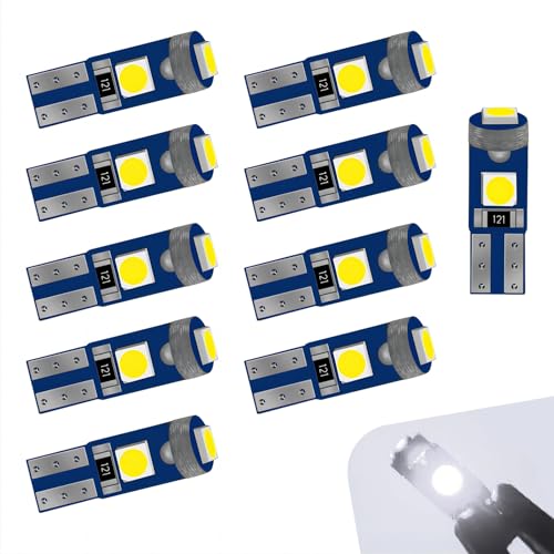 YAWUROU 10 PCS Car LED Instrument Lights, T5 3030 3SMD Wedge Base Light, 12V Super Bright 74 37 27 17 2721 Replacement Bulbs for Car Dashboard Panel, Universal for Most Cars (White)