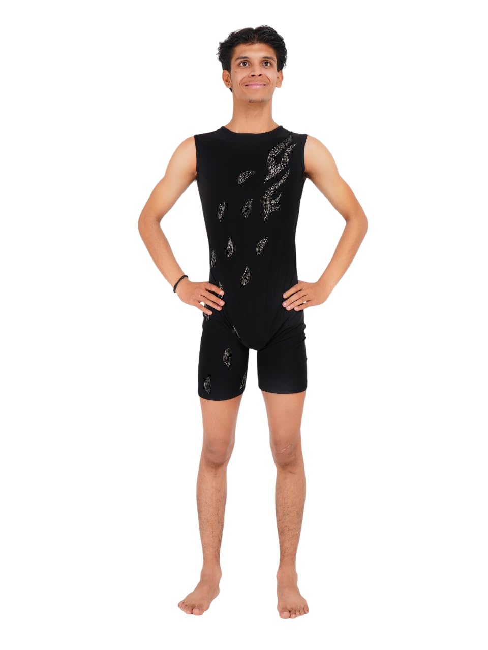 Swades Sports Men’s Black Sleeveless Biketard with Rhinestone Feather Design | Stretchable Performance Wear for Yoga, Dance, Acrobatics & Aerobics-picture-30