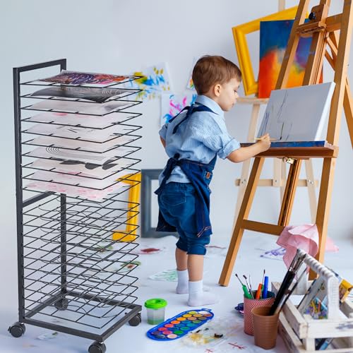 Image of GENMOUS Art Drying Rack, Metal Painting Drying Rack with 20 Removable Shelves, Art Storage Rack with Lockable Wheels for Art Studio Classroom School, 30x11x12 Inches