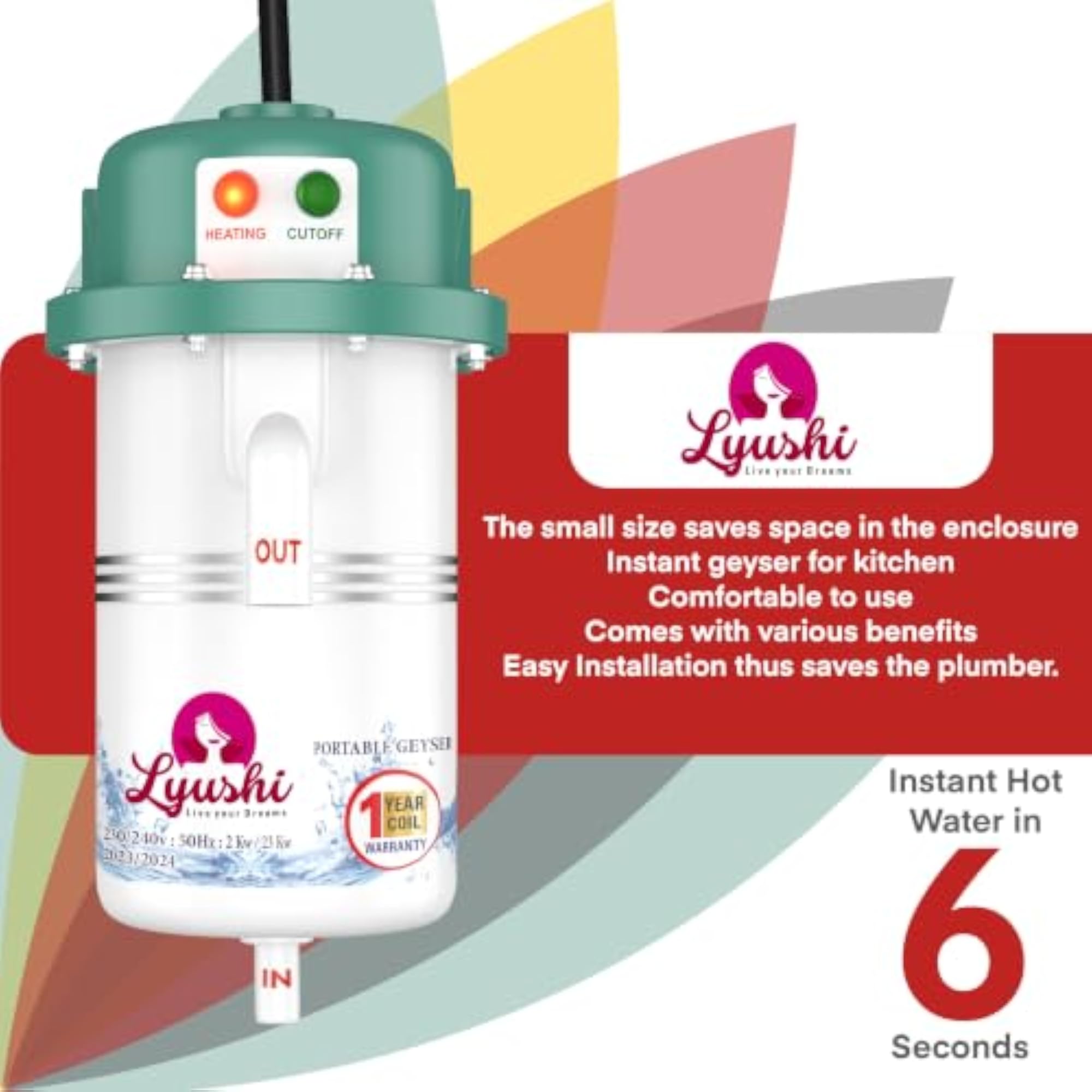 Instant Water Geyser 1L Portable Heater, ABS Shockproof Body