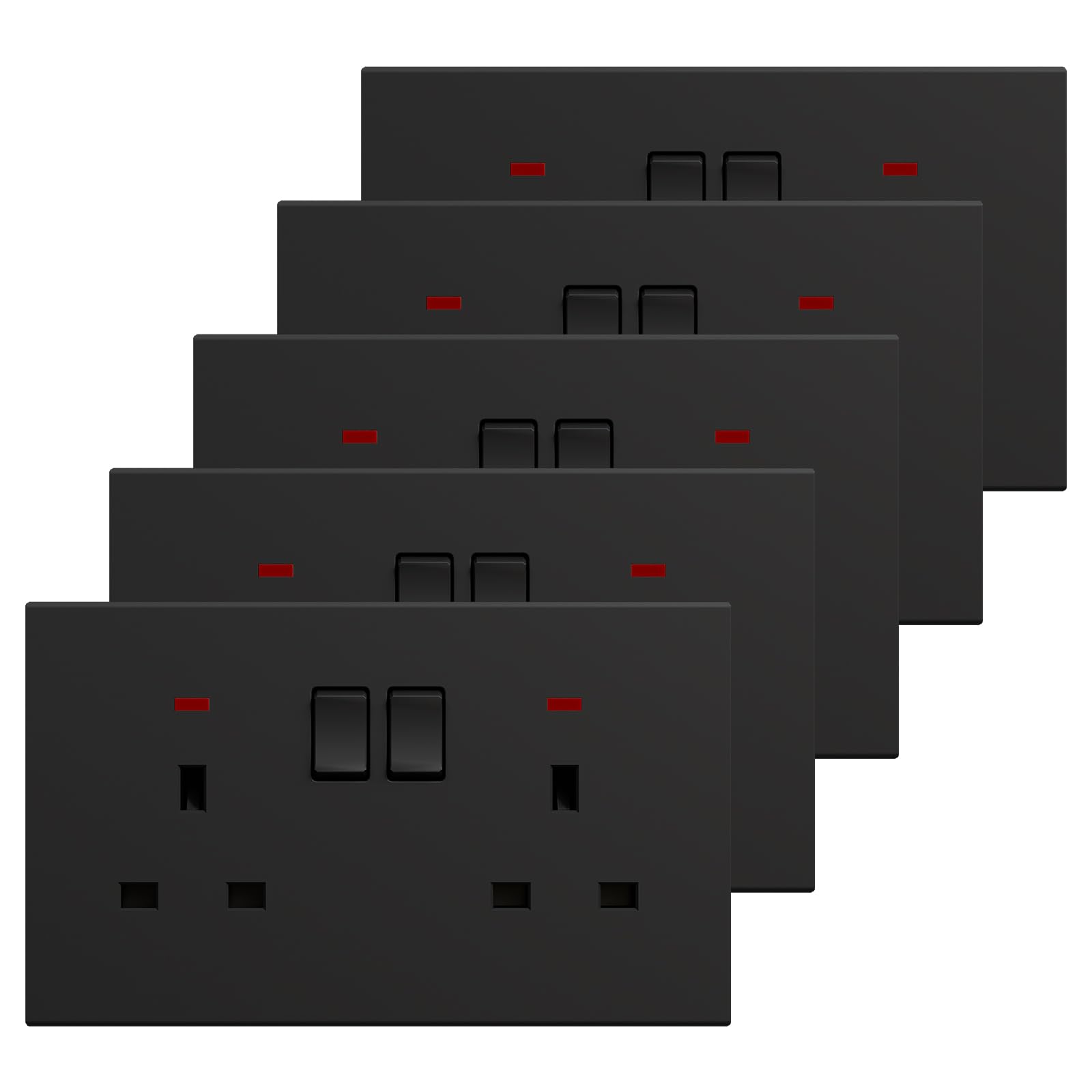 BSEED Double Socket 5 Pack, Electrical Double Switched Power Plug Wall Socket with LED Indicator, PC Wall Plate Outlet, Black, 13A