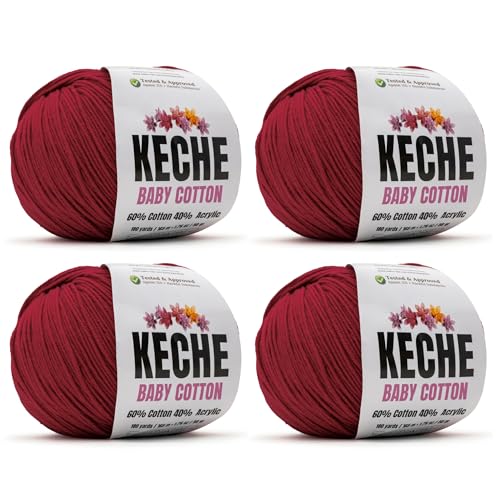 Image of Keche Baby Cotton, 60% Cotton 40% Acrylic Yarn, Soft Cotton Yarn for Crochet and Knitting, Amigurumi Yarn 4 Skeins /Balls [1.76 Oz (50g) / 180 Yrds (165m)] x 4 - Crimson Red