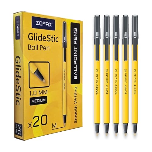 ZOFAX GlideStic Ballpoint Pens, BLACK, Medium Point (1.0mm), Pack of 20, Biro Pens Multipack, Effortless Smooth Writing, Consistent Ink Flow, Black Pen for School Office Home Business Everyday Use