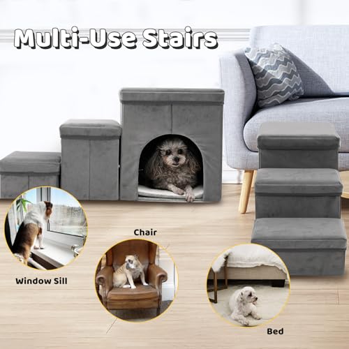 3 Stufen hundetreppe für kleine Hunde hundetreppe mit stauraum für Bett Sofa 40cm hoch katzentreppe für alte Katzen Schwamm haustiertreppe grau blau