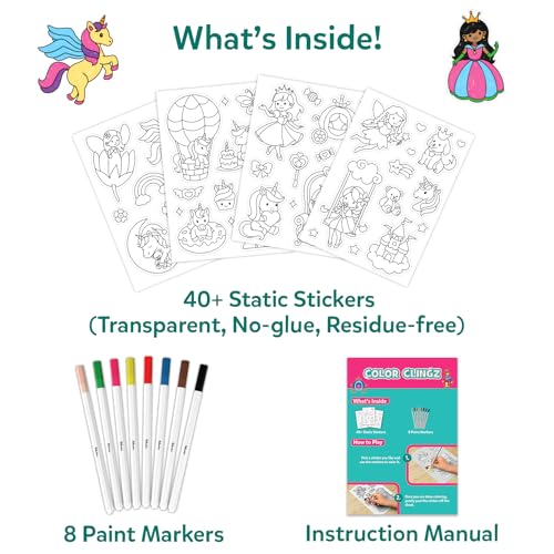 Image of Skillmatics Cling Art - Color Clingz Unicorns & Princesses, 40+ Reusable Static Stickers, Mess-Free Fun for Kids, DIY Craft Kits & Supplies, Travel Toys, Creative Gifts for Kids Ages 3, 4, 5, 6, 7