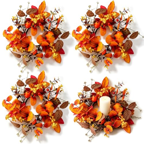 Image of 4 PCS Fall Candle Ring Wreaths Artificial Autumn Eucalyptus Candle Wreath with Leaves Berries Flowers Thanksgiving Farmhouse Harvest Wreath Candle Holder for Pillar Candles Table Centerpiece Decor
