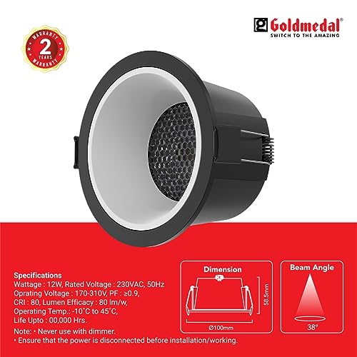 Image of Goldmedal Orchid 12W Black COB Round LED Spotlight |Compact Design Ceiling Light for Cabinets & Wardrobes | with 38 Beam Angle | Spotlight for Home & Display | Energy-Efficient |Warm White(3000K)