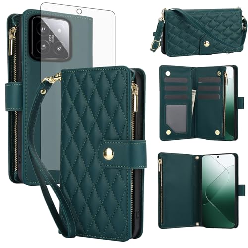 Protection Xiaomi 14 5G en cuir vert noble avec fermeture zippée premium