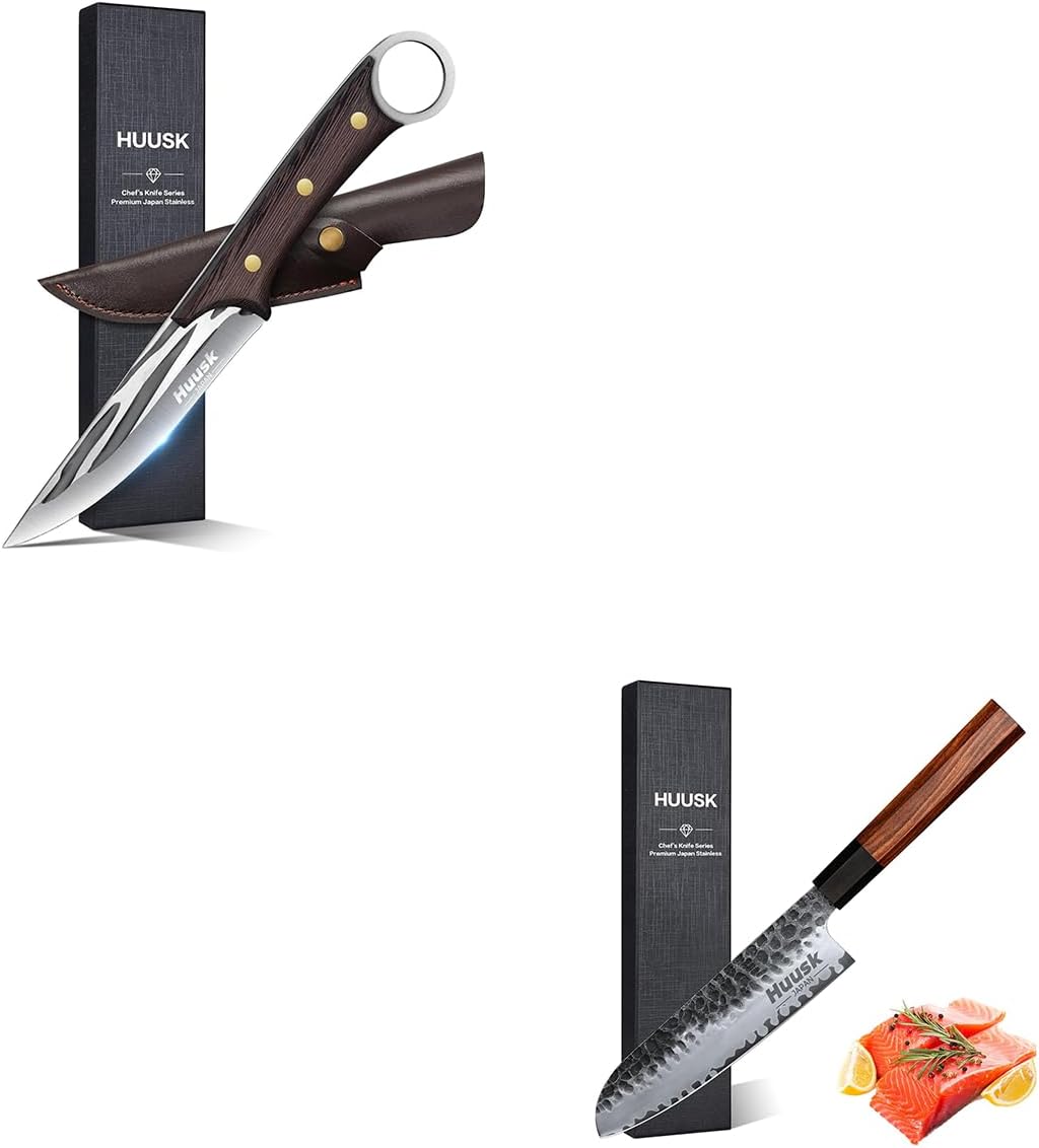 Huusk Professional Japanese Santoku Knife 7 Inch Bundle With Boning Knife for Meat Cutting 5.5 Inch with Gift Box