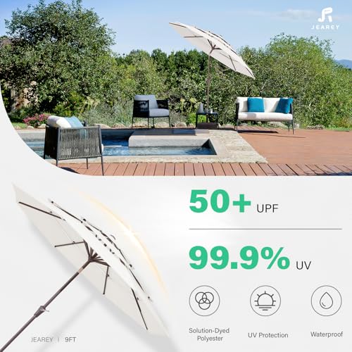 Image of JEAREY 9FT 3 Tier Patio Umbrella Outdoor Market Umbrella Table Umbrellas with 8 Ribs 1.5 Pole Push Button Tilt and Crank UV Protection for Garden,Off-white