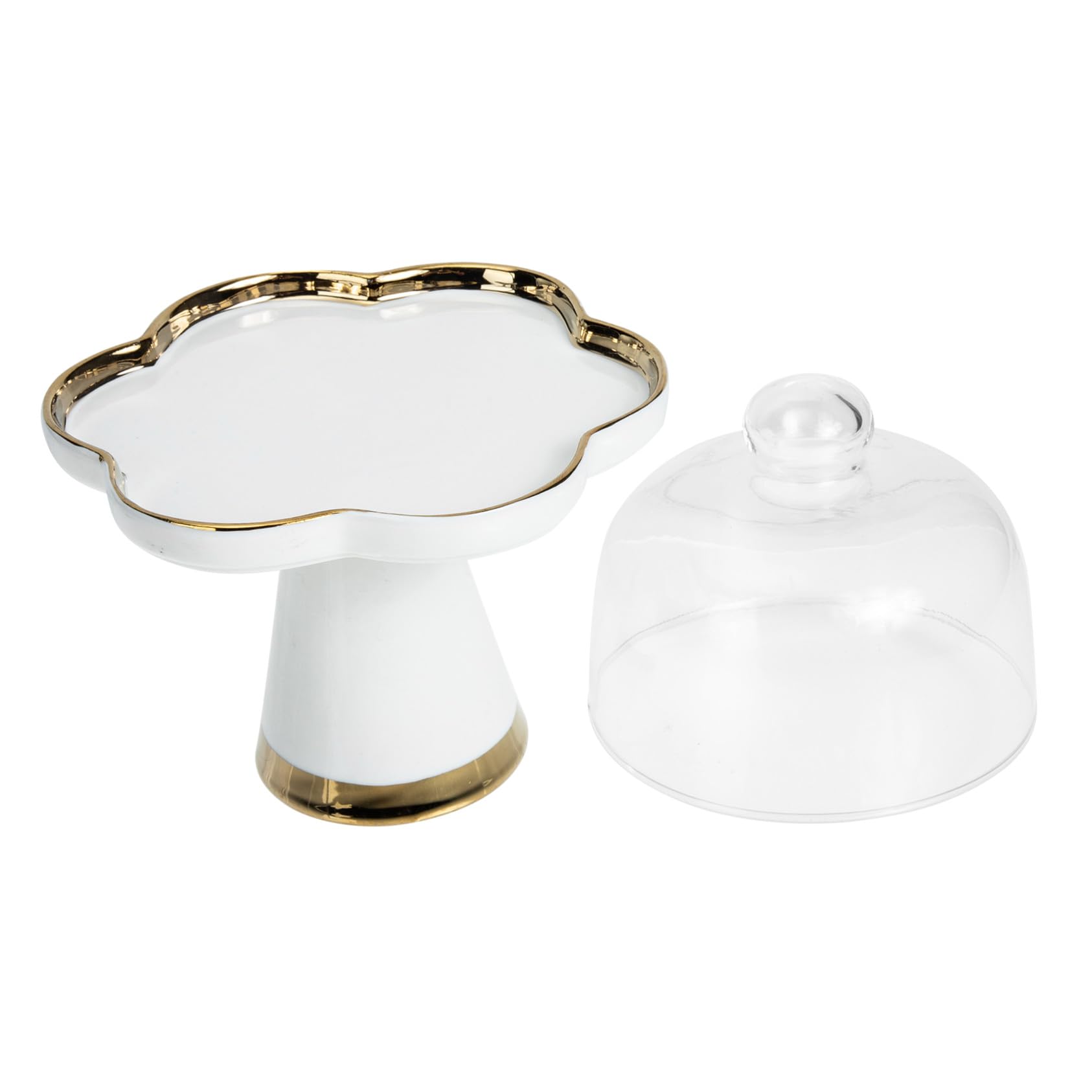 Plateau à gâteau céramique et cloche verre pour vitrine de mariage