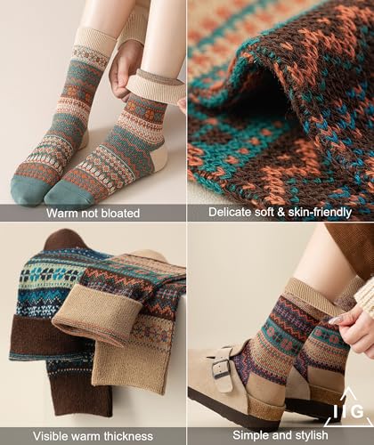 Image of IIG 3-5 Pairs Womens Vintage Cozy Crew Socks Soft Cute Neutral Cotton Socks Exquisite Patterns Socks Gift