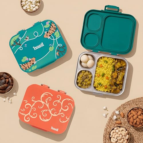 Image of Basil Bento Box Quad Plus - 4 Compartment Stainless Steel Lunch Box (1020ml) with BPA-Free Lid | Leak-Proof Tiffin for Kids & Adults | Premium Lunch Box for School, Office & Picnic - Jaipur Jaali