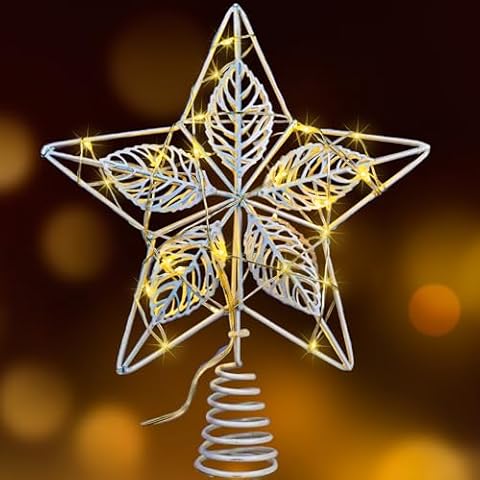 Lotus Hills Elegant Christmas Tree Topper Star, 3d Hollow Christmas Star Tree Topper, White Christmas Tree Star Topper, Battery Operated Tree Toppers Christmas Decorations, Star for Christmas Tree Top Cover