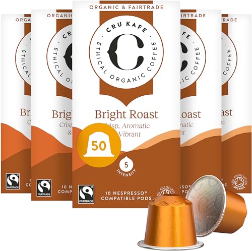 Cru Kafe Bright Roast USDA Organic Espresso Coffee Capsules (50 Pods) Fairtrade Coffee Pods Compatible with Nespresso Original Line and Pixie Machines
