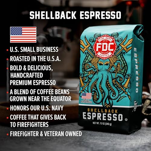 Image of Fire Department Coffee Shellback Espresso Medium Roast Whole Bean Coffee - 12 oz (12 Pack) - Gives Back to Firefighters - Roasted in the USA - Veteran Owned