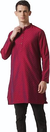 In-Sattva Mens Mandarin Collar Micro Dobby Fine Print Mid-Length Kurta Tunic