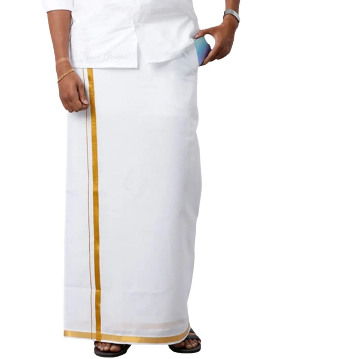 Adjustable Velcro 28 to 42 Inches Mens Cotton White Pocket Dhoti with Gold Zari Border-image-17