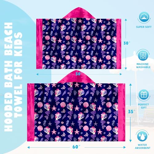 Image of Mermaid Girls Beach Towel with Hoodie for Kids Toddlers Age 4-8, Pink Blue Bath Towels Shower Wrap for Girls, Hooded Poncho Beach Blanket for Pool Swimming Cute Wearable Bath Towel for Child