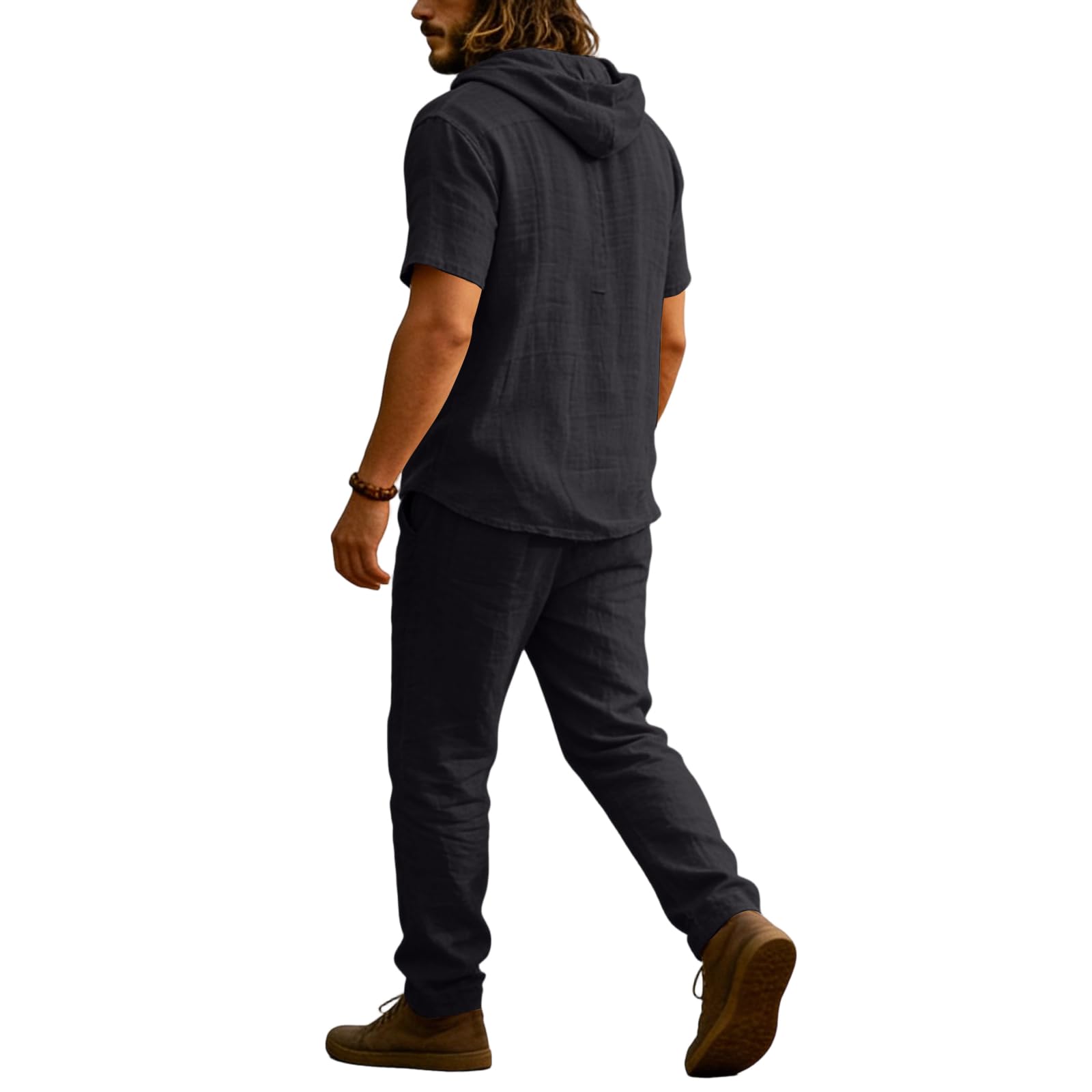 Ensemble Lin Homme Couleur Pure Chemise Manche Courte avec Capuche Et Pantalon Vetement Homme Ensemble Souple Stretch Basique 2 Pièce Vacances Voyage Plage