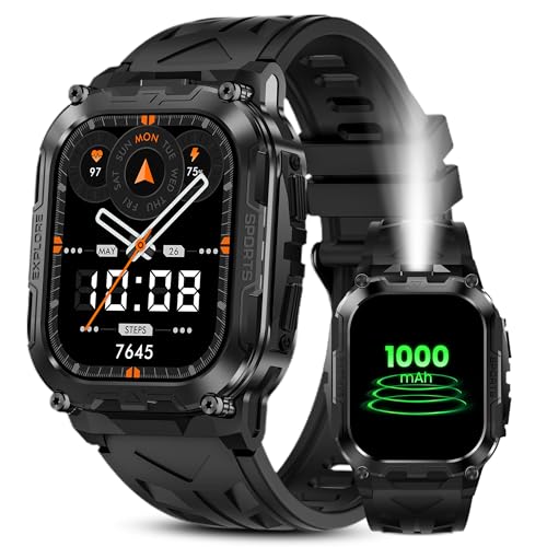 HIDAMEL Reloj Inteligente Hombre Militar con Llamadas, 1000mAh 130 Días Batería/1,96'' Smartwatch Hombre, LED Linterna/100+ Modos Deportivos/SpO2/Pulsómetro/Sueño, IP68 Impermeable para Android iOS