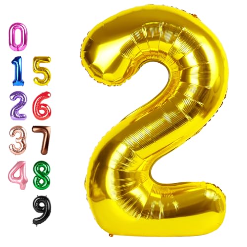 Image of Number Balloons 2 Balloon 40 inch Gold for 2nd Birthday Party Decorations | Saturated Color, Large 40 inch, With Straw & Hanging Holes, For Back-To-School Season, Thanksgiving, Christmas, New Year