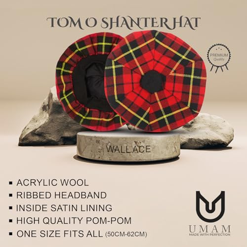 Image of Scottish Tam O' Shanter Hat Tartan Bonnet Pom Pom Wool Flat Cap One Size