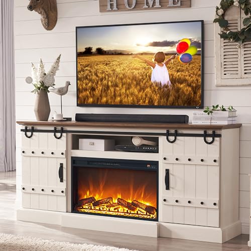 OKD Fireplace TV Stand for 75 80 Inch TV, Farmhouse Entertainment Center with Sliding Barn Doors, Rustic Media Console Table with Storage Cabinets for Living Room, Antique White