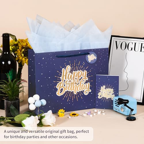 Image of 13 inch Blue Happy Birthday Gift Bag with Tissue Paper and Greeting Card | Happy Birthday Gift Bag for Men Women, Gift Bags Medium size(1 PCS Blue)