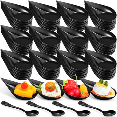 Gandeer 300 Pack 4 Inch Teardrop Mini Appetizer Plates Spoons with Small Plastic Tasting Spoons Dessert Bowls Mini Dessert Containers Disposable Catering Supplies for Galentines Parties Events(Black)