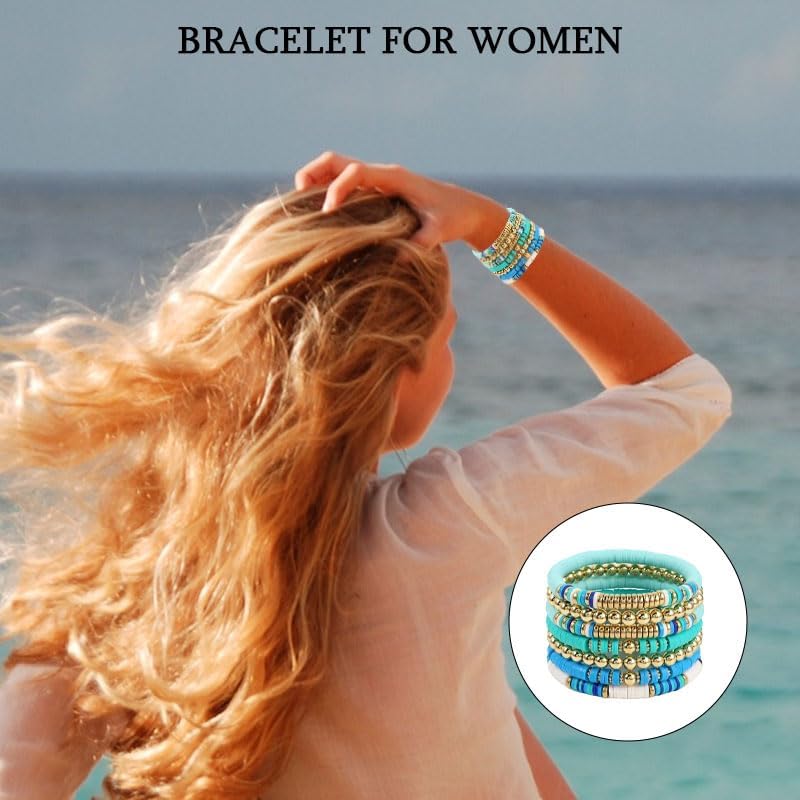Surfer Heishi Clay Bead Bracelets Set for Women, Boho Stackable Gold Beaded Stretch Bracelets, Elastic Layering Friendship Jewelry - Image 5