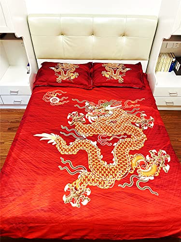Topbdhomes 3 Pieces Oriental Chinese Traditional Dragon Duvet Cover Set King Size Red Color Bedding Sheets Kids Adult Bed Linen Zipper, Not Comforter Set (Bd245, King 3Pcs) #TOP4