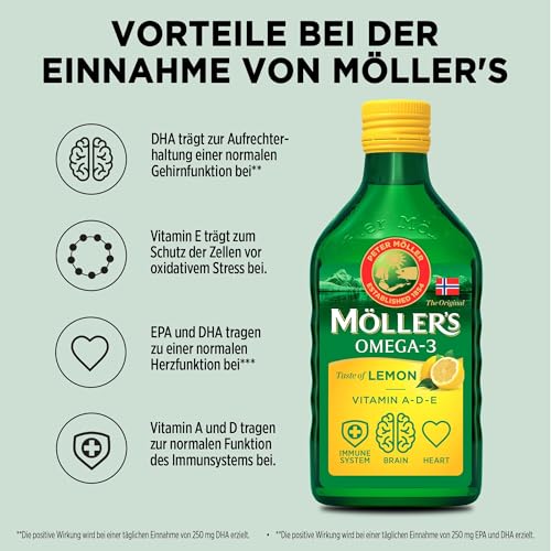 Möller's Omega 3 Lebertran Öl | Nordic Nahrungsergänzung mit EPA, DHA, Vitamin A, D, E | Superior Taste Award | Hochreiner natürlicher Lebertran | 165 Jahre alte Marke | Zitrone | 250 ML 2