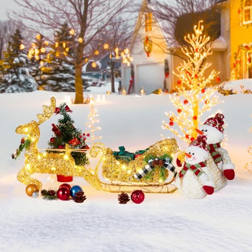 GarveeHome Gold Reindeer and Sleigh Set for Christmas Decorations, Metal Frame Christmas Elk Ornaments, Iron Xmas Centerpiece for Indoor Home Decor, Holiday Display