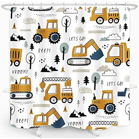 ZXMBF Construction Truck Shower Curtain Cartoon Excavator Vehicle Tractor Cars for Boys Kids Machinery Navy Blue Yellow Bathroom Decor Waterproof Fabric 72Lx72W Inch with Hooks Cover