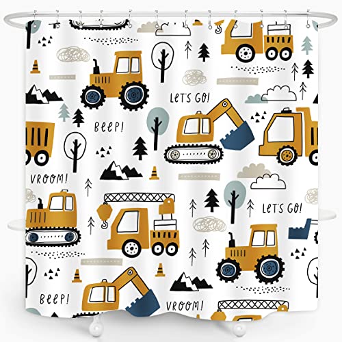 Zxmbf Construction Truck Shower Curtain Cartoon Excavator Vehicle Tractor Cars For Boys Kids Machinery Navy Blue Yellow Bathroom Decor Waterproof Fabric 72Lx72W Inch With Hooks #TOP4