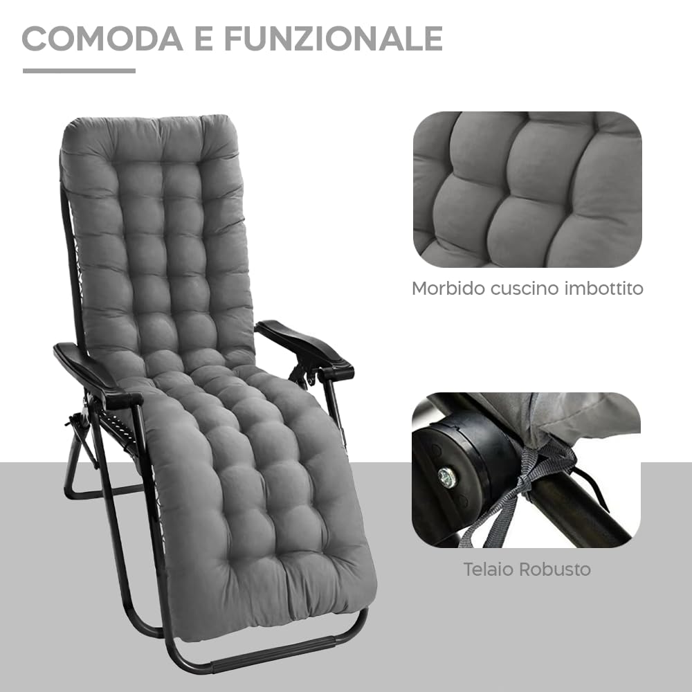 Mediawave Store - Sedia Sdraio Gravità Zero, Sedia Pieghevole con Cuscino Imbottito, Sedia con Schienale Reclinabile, Sedia Giardino, Acciaio, Textilene, Richiudibile, Sedia Gravity (1, Grigio)