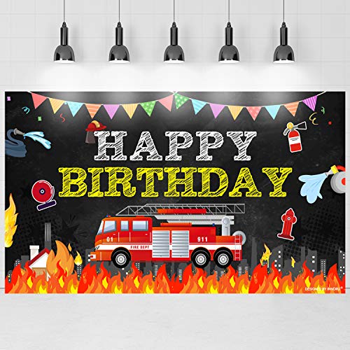 70X40 Inch Happy Birthday Large Banner Photography Backdrop, Fire Truck Theme Indoor Outdoor Birthday Party Decoration, Kids Children's Party Supplies #TOP18