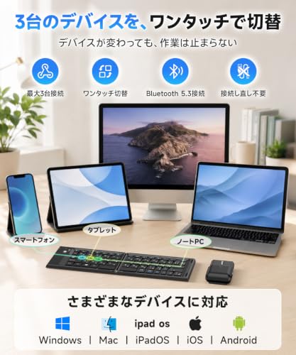 キーボード ワイヤレス マウスセット【2026 折りたたみ・JIS日本語配列】 Bluetooth 5.3 無線 マウス付き 3台同時切替接続 USB Type-C充電 軽量 静音 コンパクト 収納ケース付き 1本2役充電ケーブル付き Windows Mac iPad iPhone Android ChromeOS Surface対応 テレワーク オフィス 出張 持ち運び