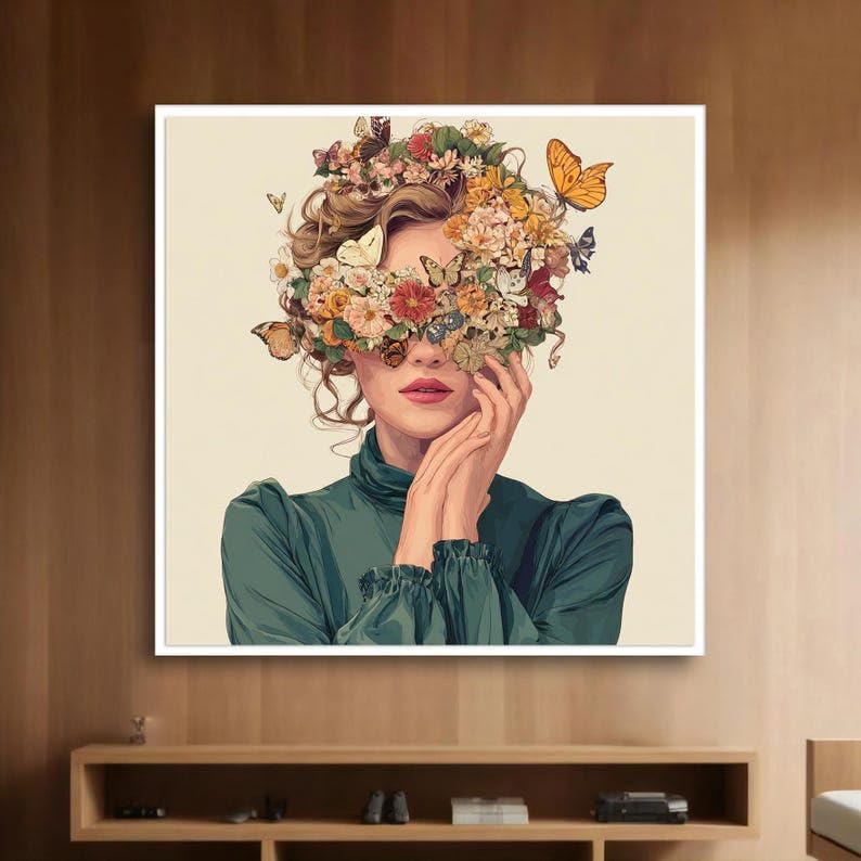 Impressions art nature vintage portrait femme papillon salon bohème chic